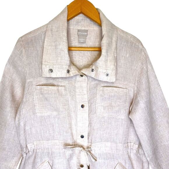 Chico's Women's Linen Snap Front Utility Jacket Size 1 US M Cream Beige Tan - Picture 2 of 7
